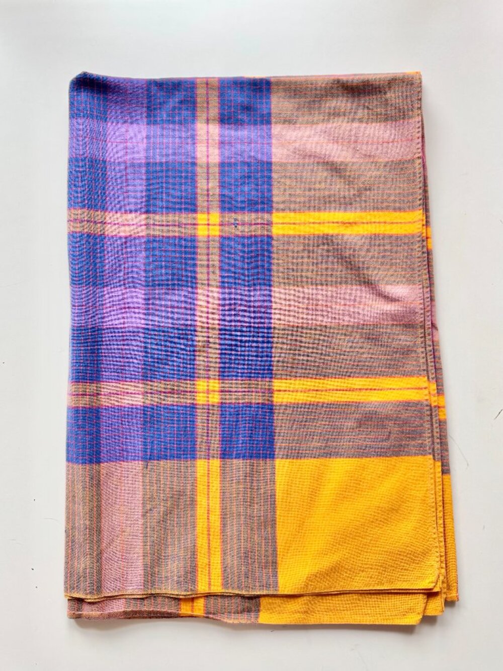 Vintage Yellow Purple Plaid Check 100% Cotton 64" x 46" Tablecloth